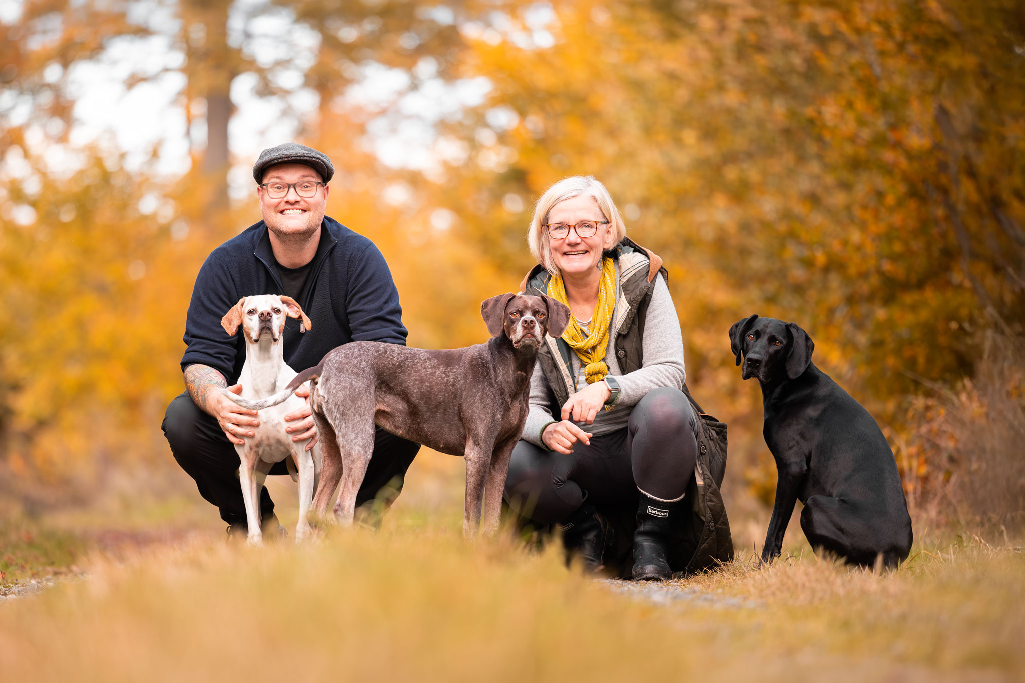 Familienportait mit drei Hunden.