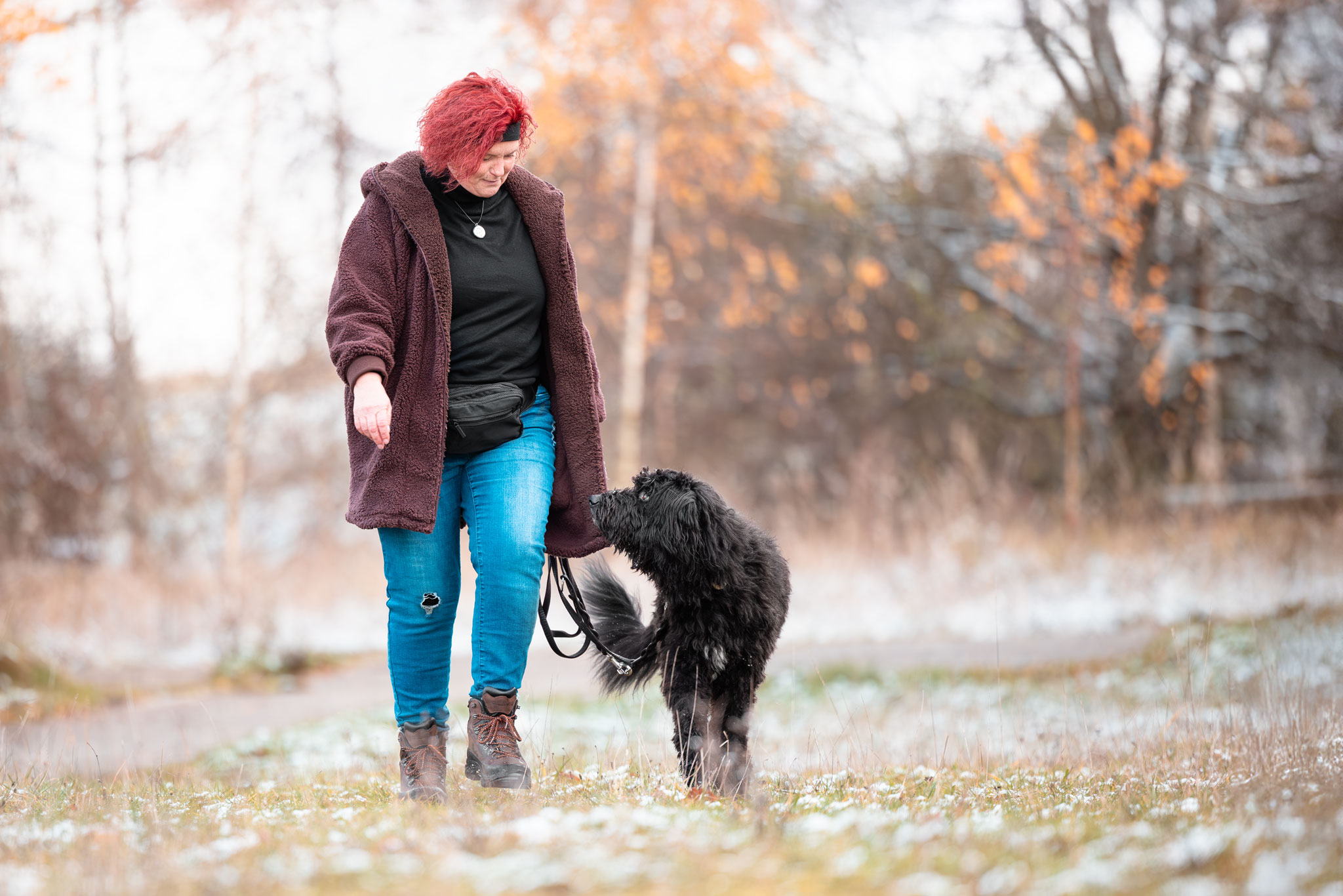 Hund und Frauchen gehen gemeinsam spazieren.